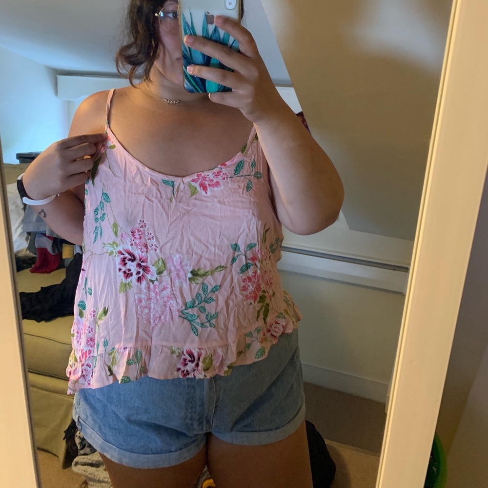 pink floral blouse